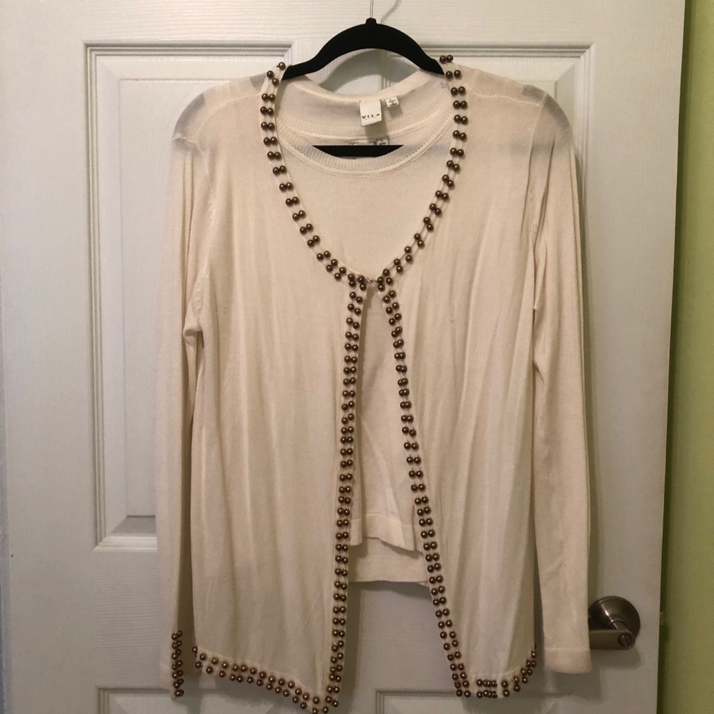 MILANO cream twinset with metallic pearl detail, M